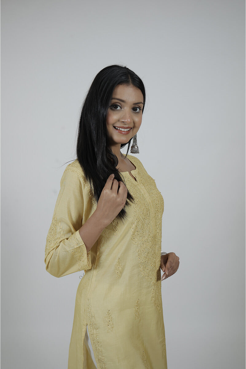 Sunshine Yellow Chanderi Silk Chikankari Kurti