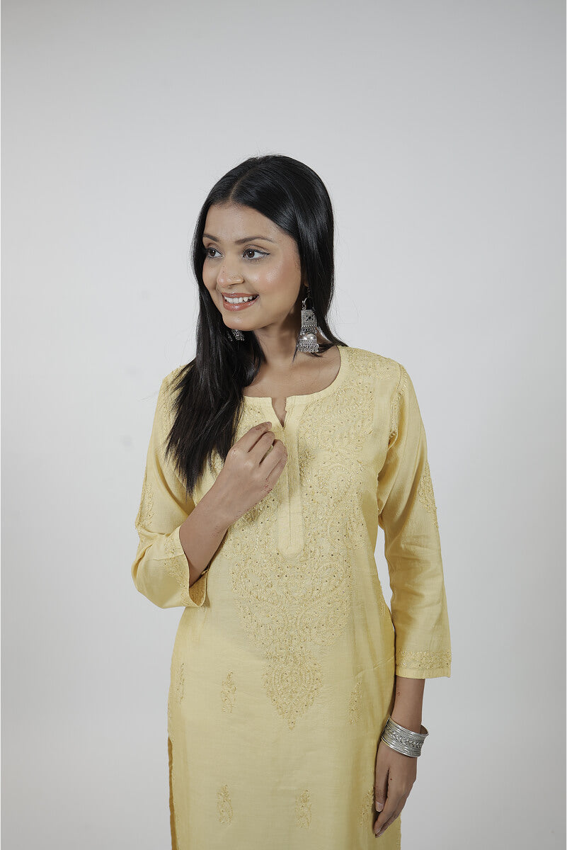 Sunshine Yellow Chanderi Silk Chikankari Kurti