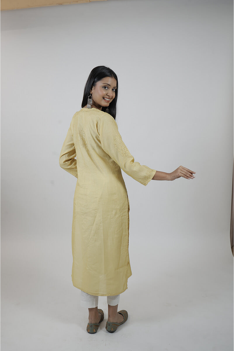 Sunshine Yellow Chanderi Silk Chikankari Kurti