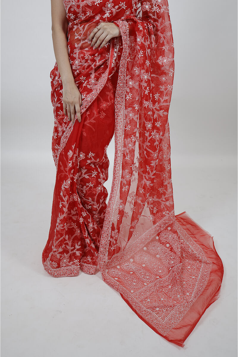 Red Organza Tissue Saree with Chikankari Embroidery