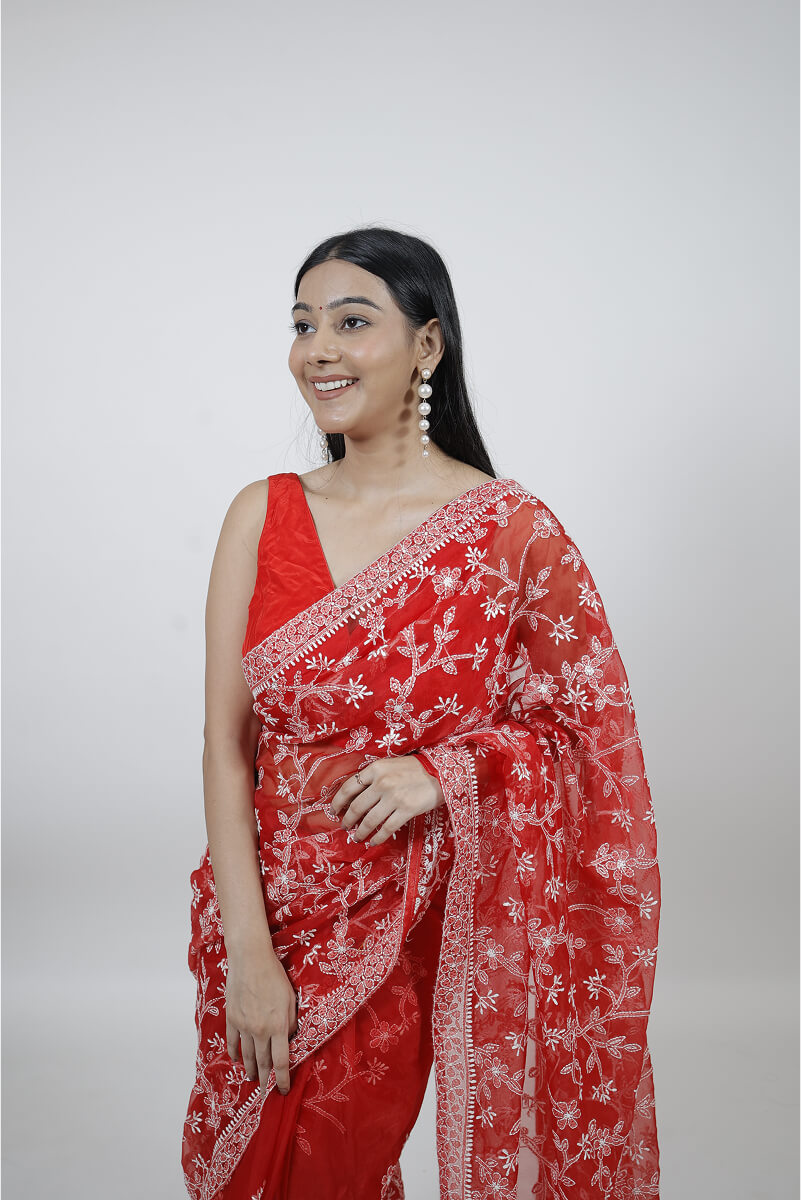Red Organza Tissue Saree with Chikankari Embroidery