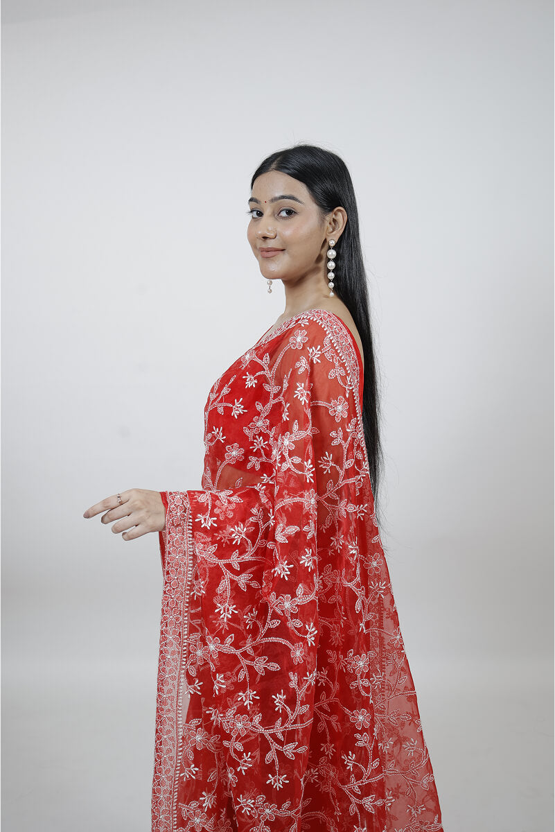 Red Organza Tissue Saree with Chikankari Embroidery