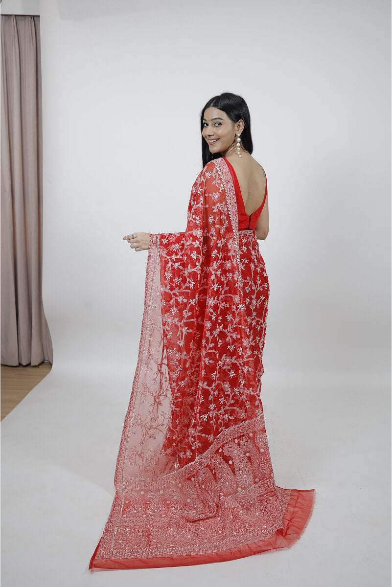 Red Organza Tissue Saree with Chikankari Embroidery