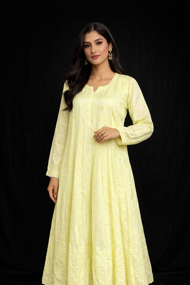 Lime Green Modal Silk Chikankari Anarkali Kurti With Resham Dhaga Work