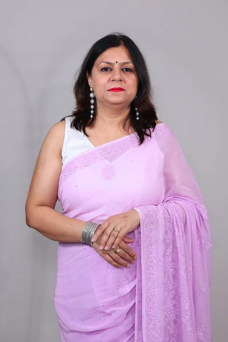 Lavender Chikankari & Mukesh Work Georgette Saree with Unstiched Blouse