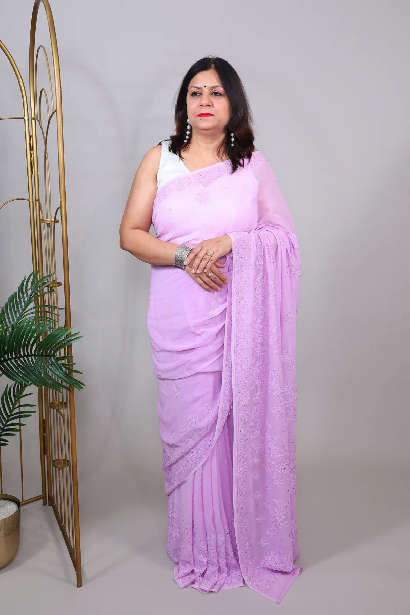 Lavender Chikankari & Mukesh Work Georgette Saree with Unstiched Blouse