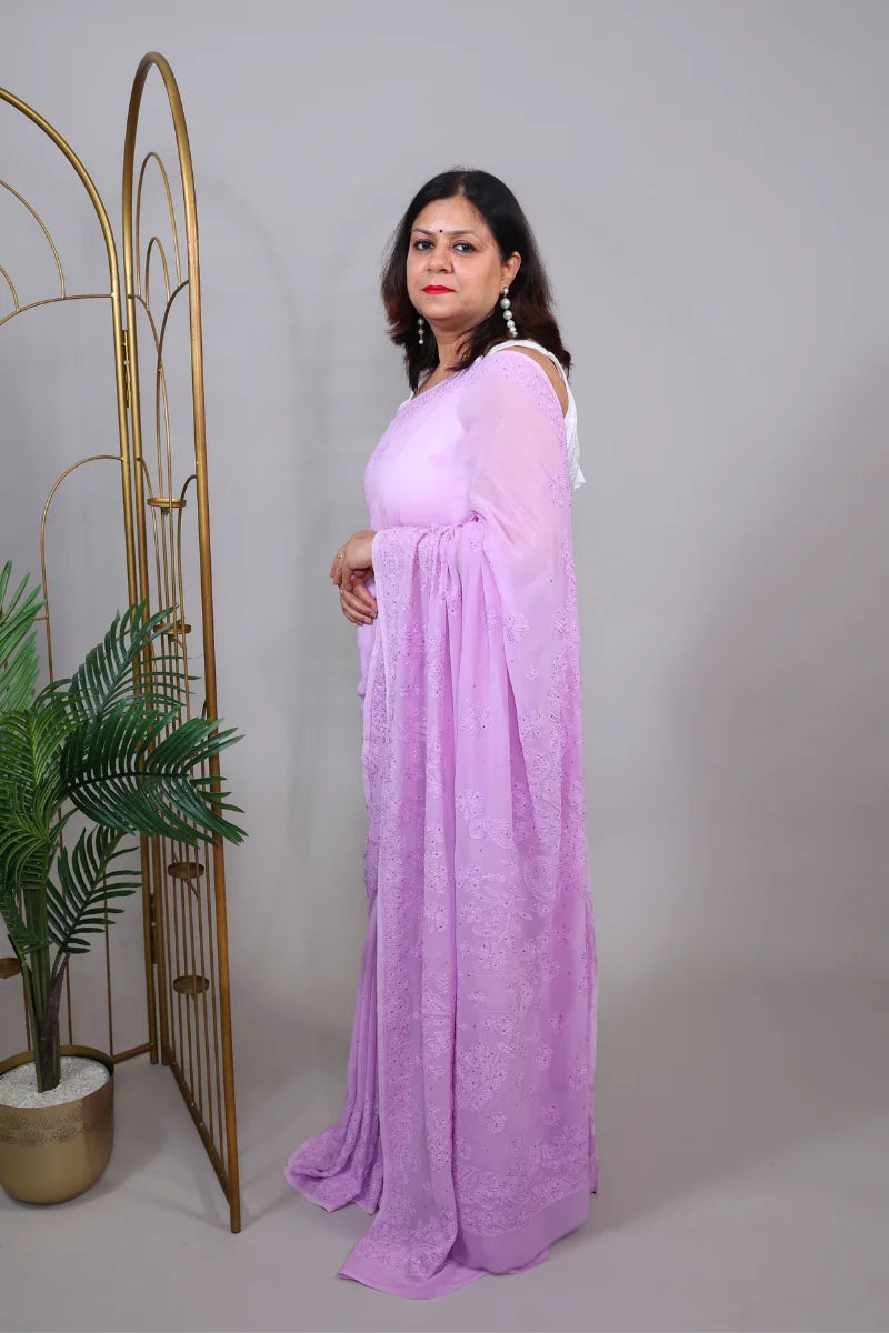 Lavender Chikankari & Mukesh Work Georgette Saree with Unstiched Blouse