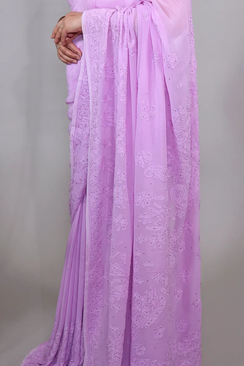 Lavender Chikankari & Mukesh Work Georgette Saree with Unstiched Blouse