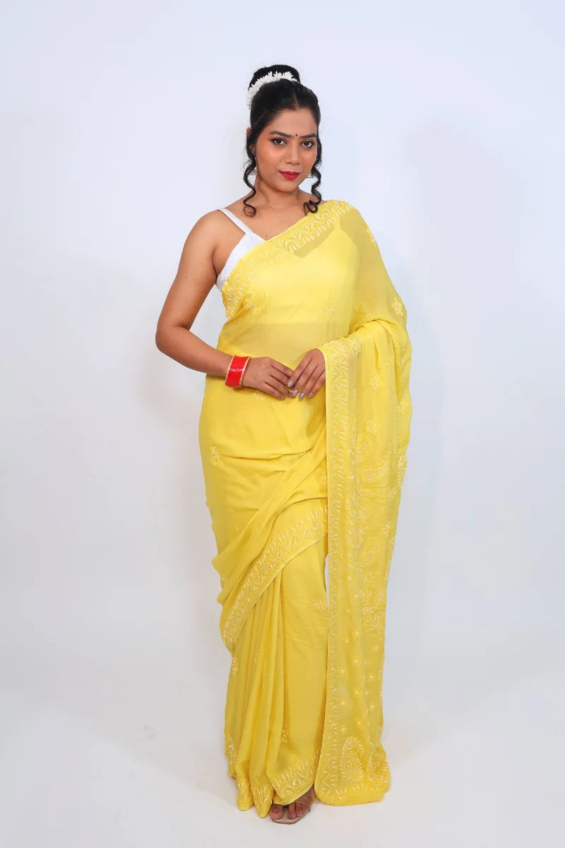 Sunflower Yellow Viscose Georgette Saree with Resham Dhaga, Pearl & Sequence Work