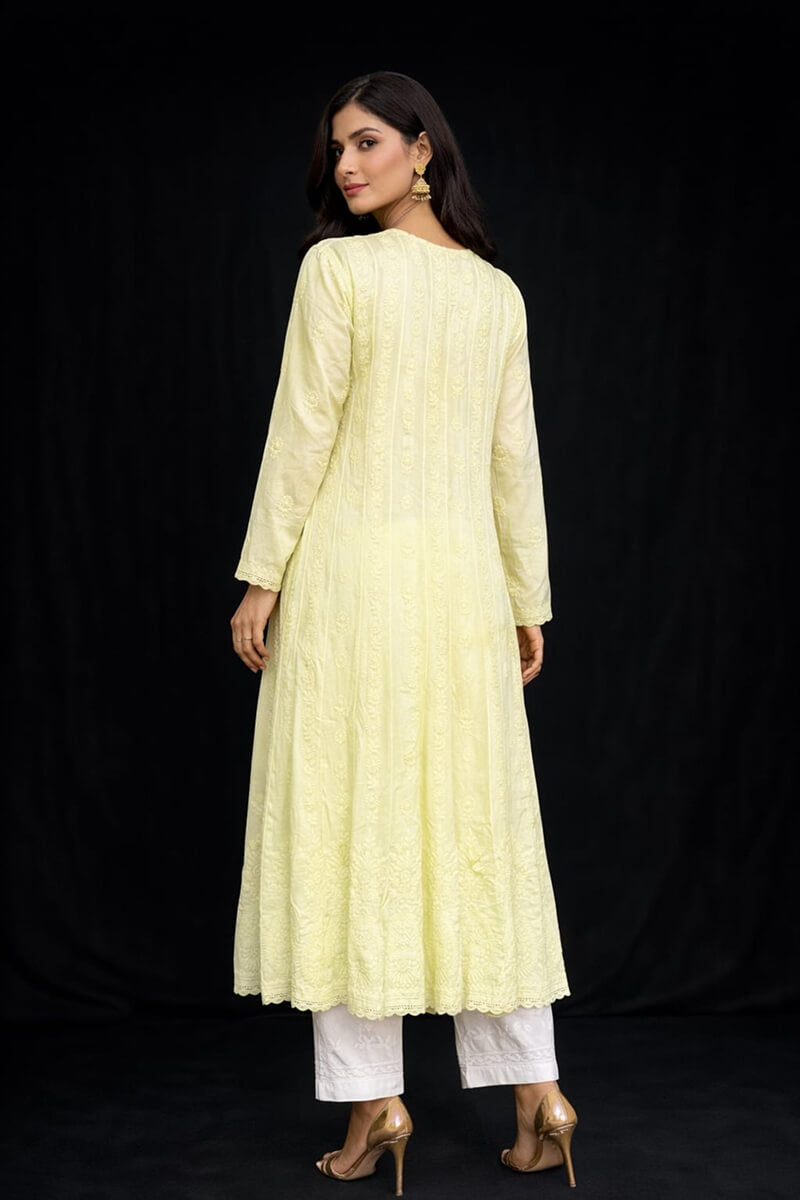 Lime Green Modal Silk Chikankari Anarkali Kurti With Resham Dhaga Work
