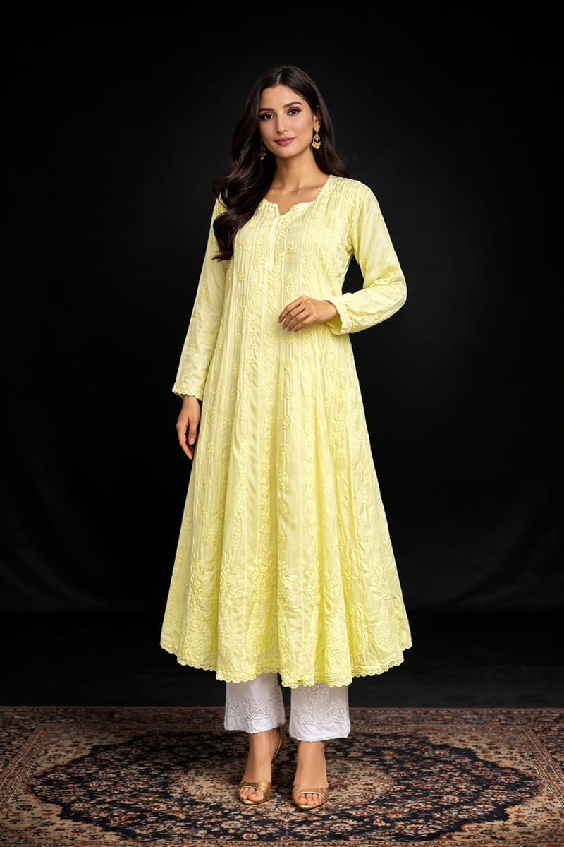 Lime Green Modal Silk Chikankari Anarkali Kurti With Resham Dhaga Work