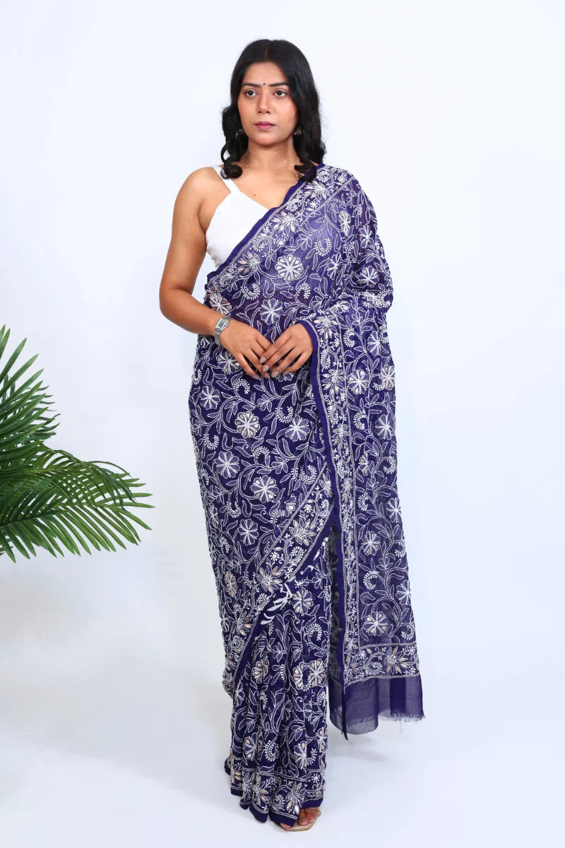 Navy Blue Georgette Saree with Gotapatti Chikankari Embroidery