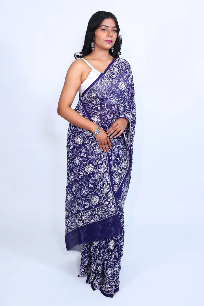 Navy Blue Georgette Saree with Gotapatti Chikankari Embroidery