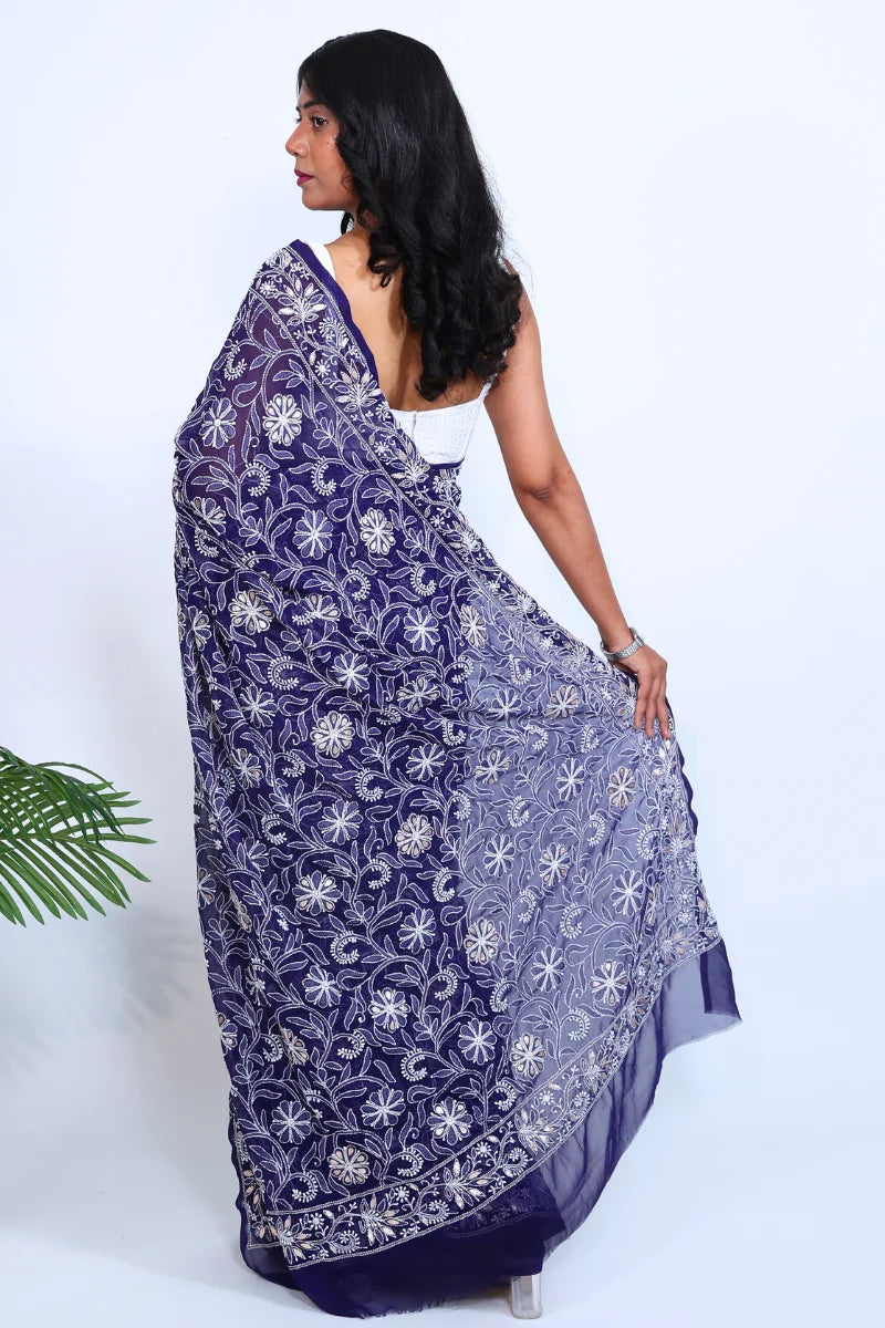 Navy Blue Georgette Saree with Gotapatti Chikankari Embroidery