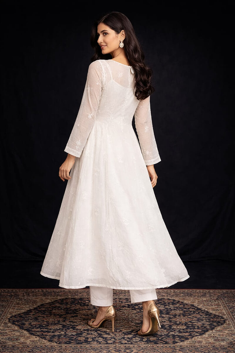 Ivory Chanderi Cotton Semi-Stitched A-Line Chikankari Kurta with Dupatta