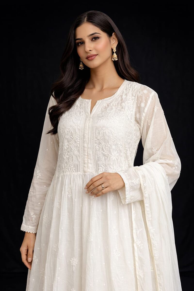 Ivory Chanderi Cotton Semi-Stitched A-Line Chikankari Kurta with Dupatta