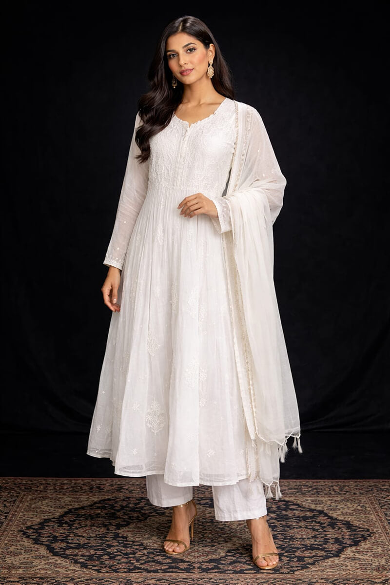 Ivory Chanderi Cotton Semi-Stitched A-Line Chikankari Kurta with Dupatta