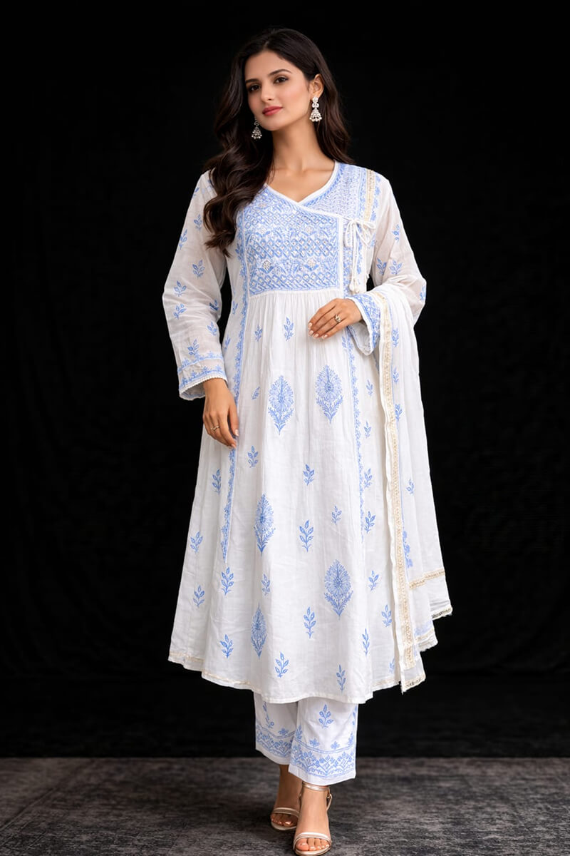 White & Blue Chanderi Cotton Semi-Stitched Angrakha Chikankari Kurta with Dupatta