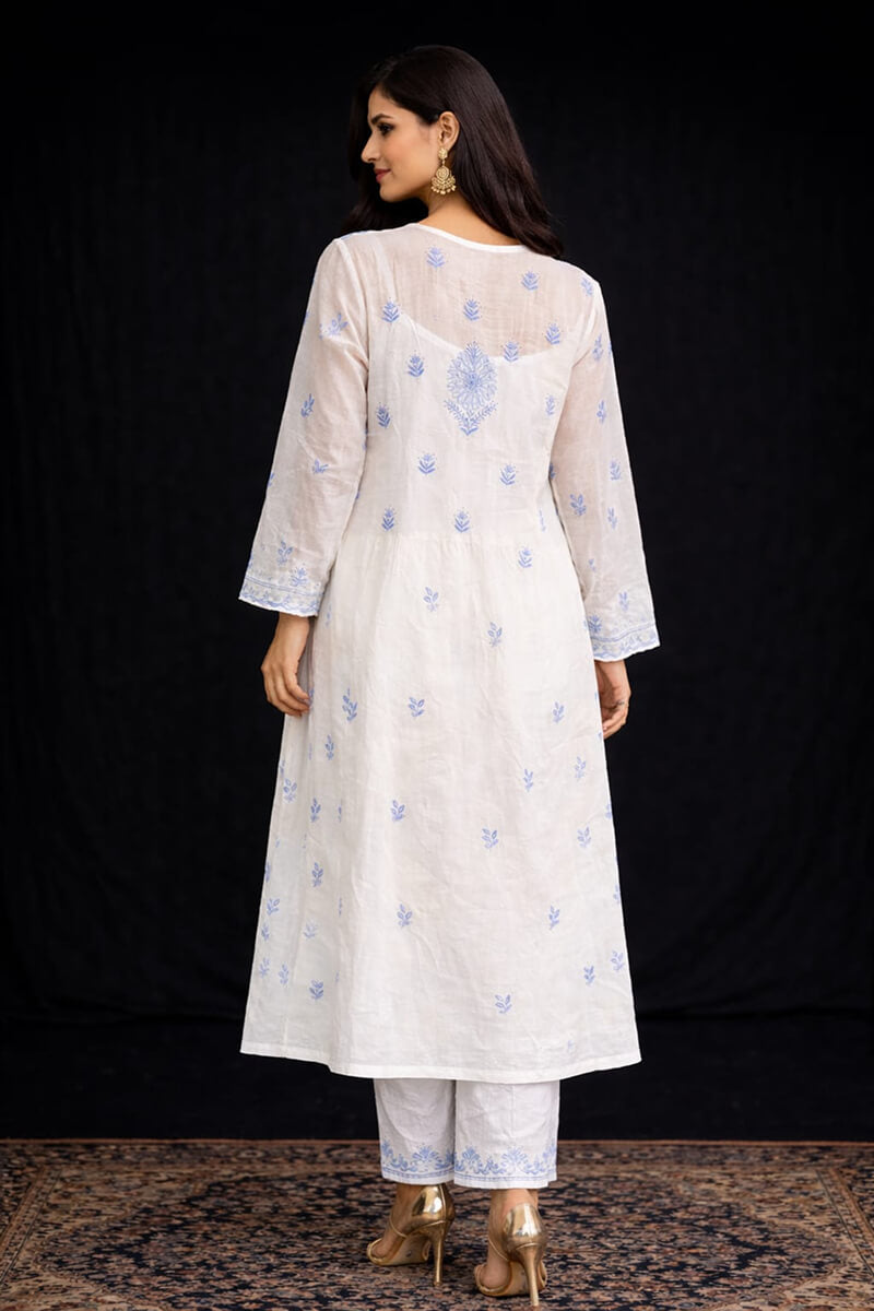 White & Blue Chanderi Cotton Semi-Stitched Angrakha Chikankari Kurta with Dupatta
