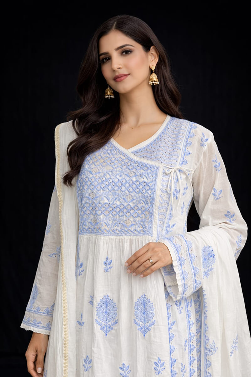 White & Blue Chanderi Cotton Semi-Stitched Angrakha Chikankari Kurta with Dupatta