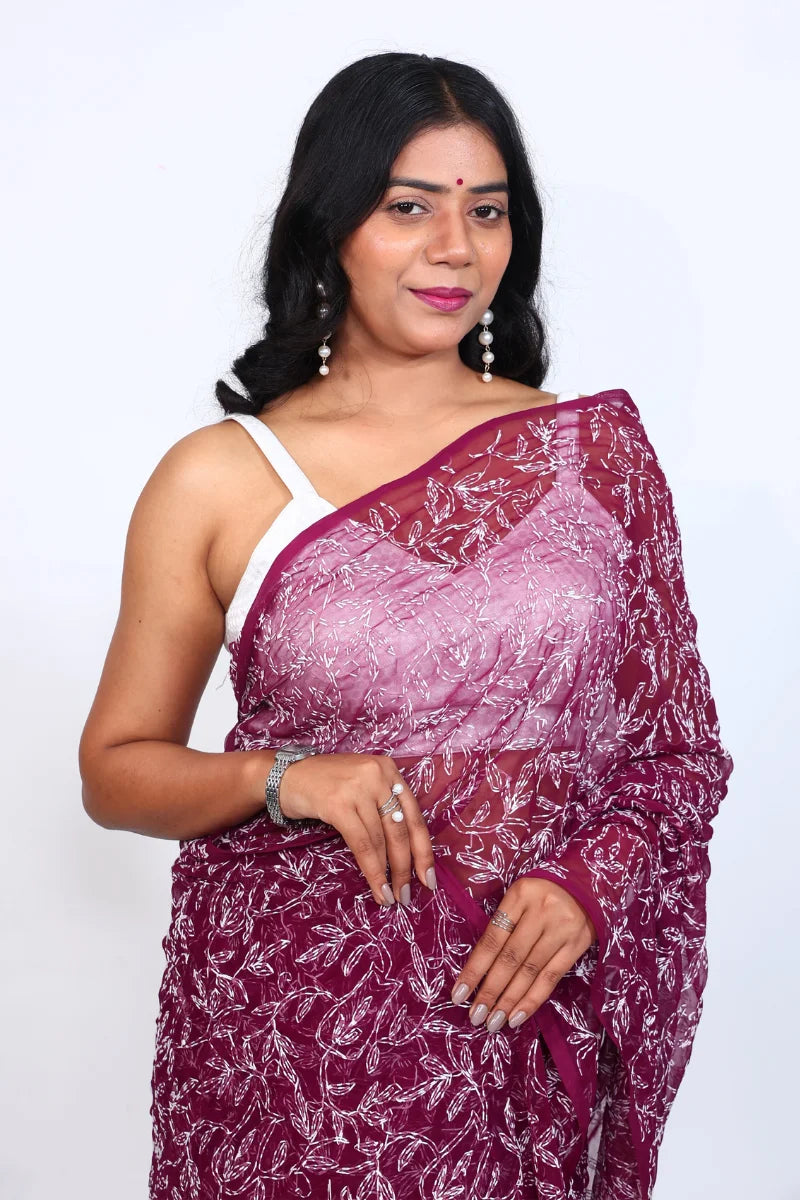 Wine Chikankari Saree with Handcrafted Floral Beauty