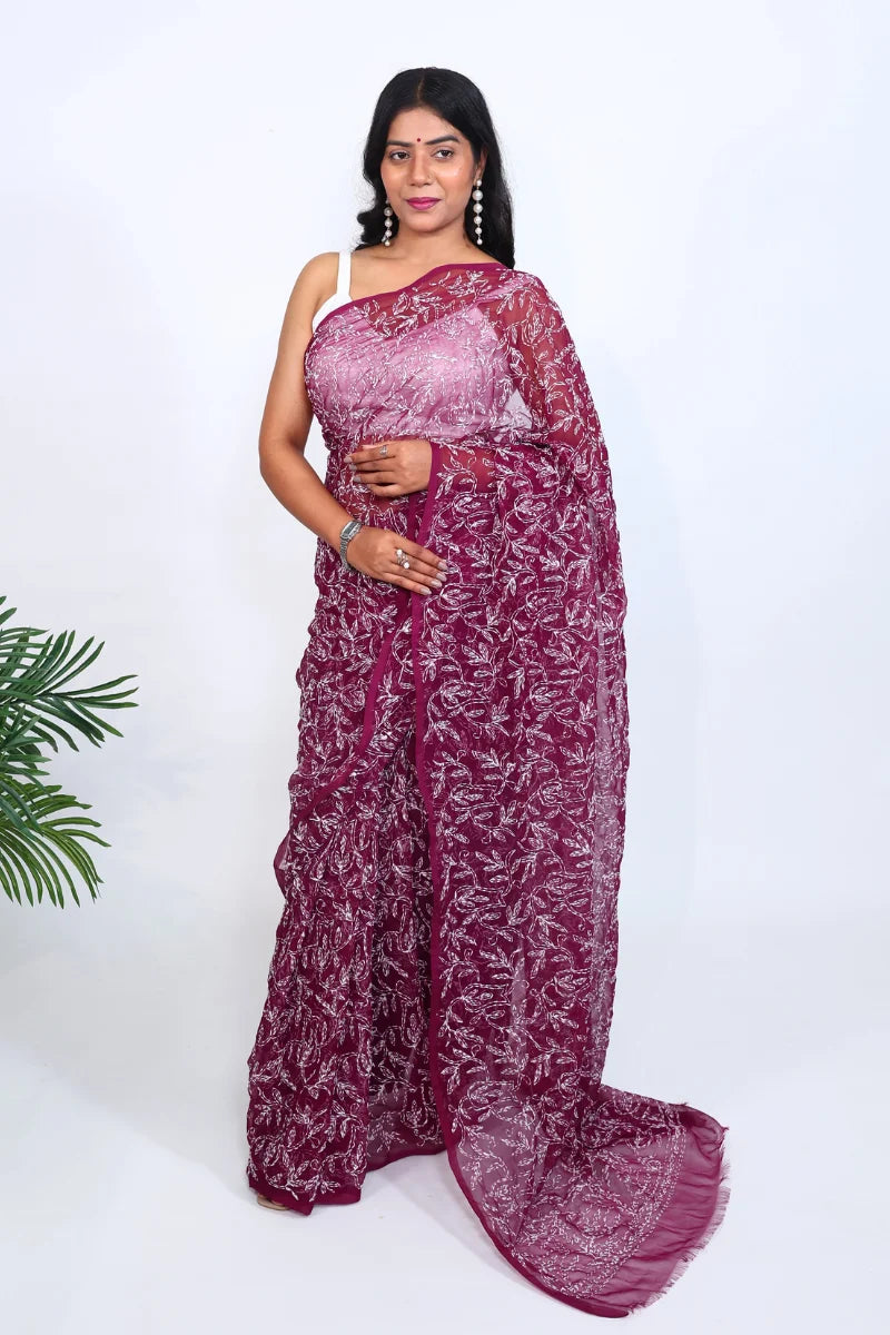 Wine Chikankari Saree with Handcrafted Floral Beauty