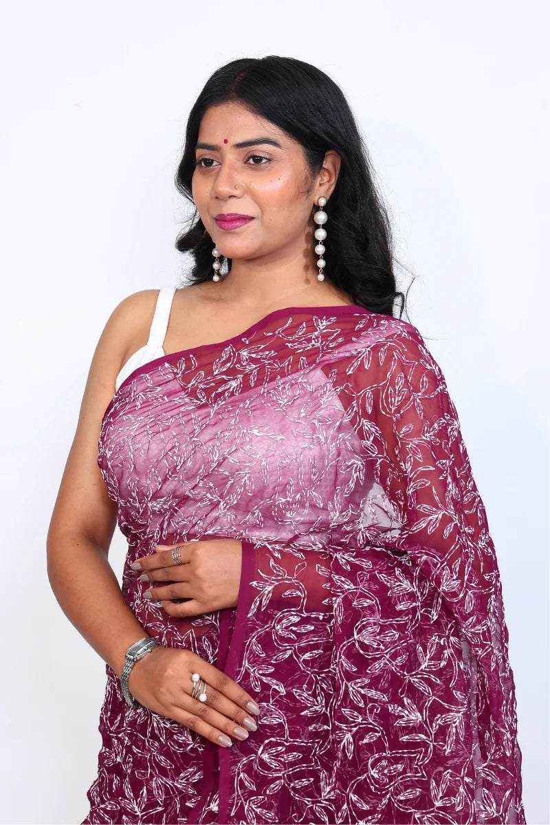 Wine Chikankari Saree with Handcrafted Floral Beauty