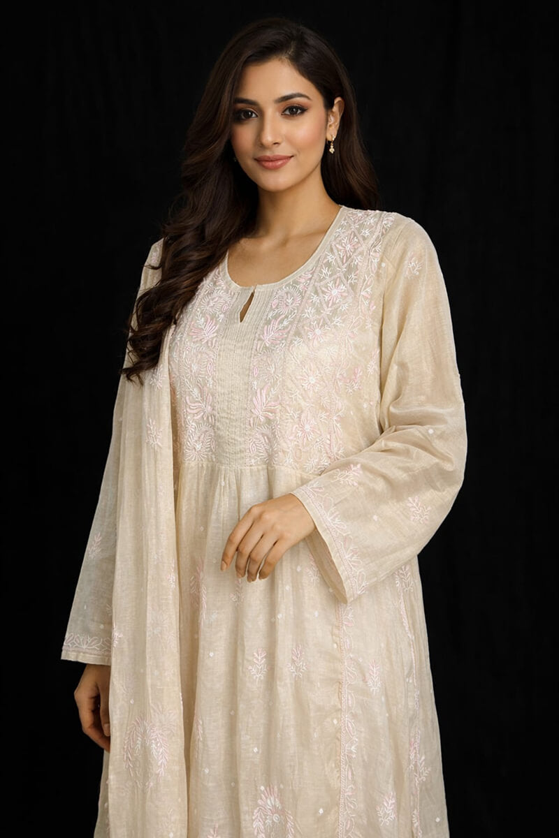 Soft Ivory Beige Chanderi Tissue Semi-Stitched Chikankari A-Line Kurta with Dupatta