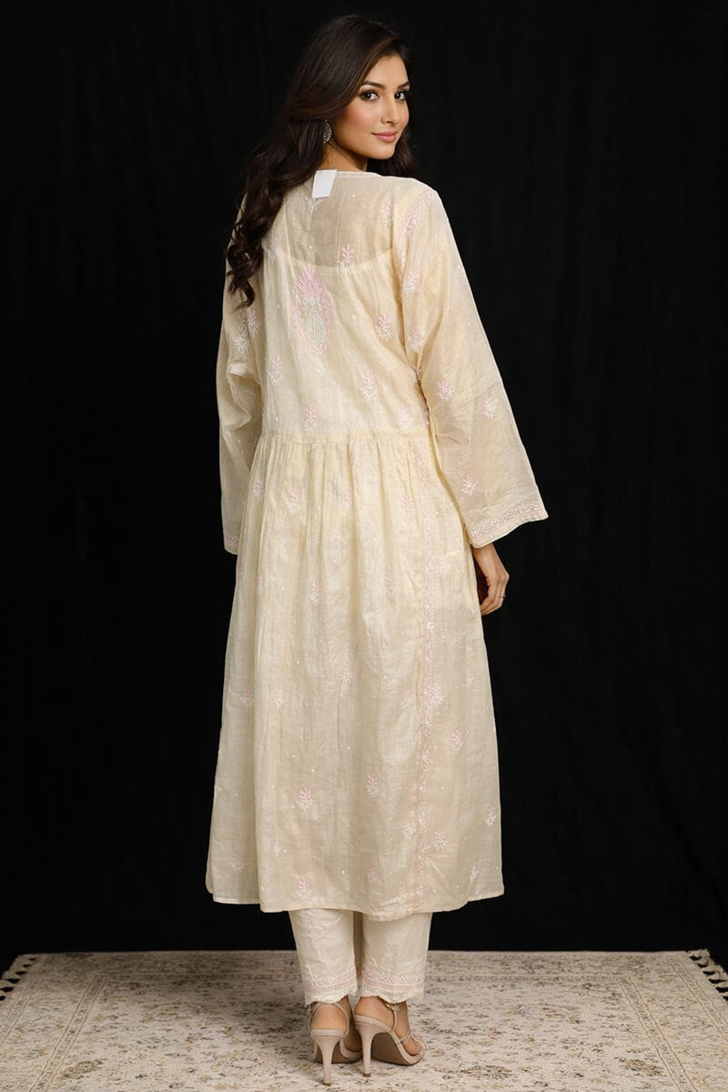 Soft Ivory Beige Chanderi Tissue Semi-Stitched Chikankari A-Line Kurta with Dupatta