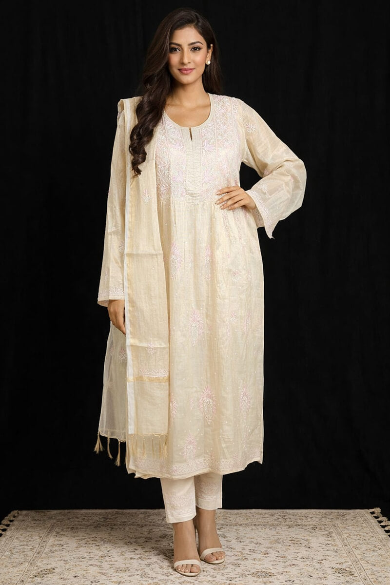 Soft Ivory Beige Chanderi Tissue Semi-Stitched Chikankari A-Line Kurta with Dupatta
