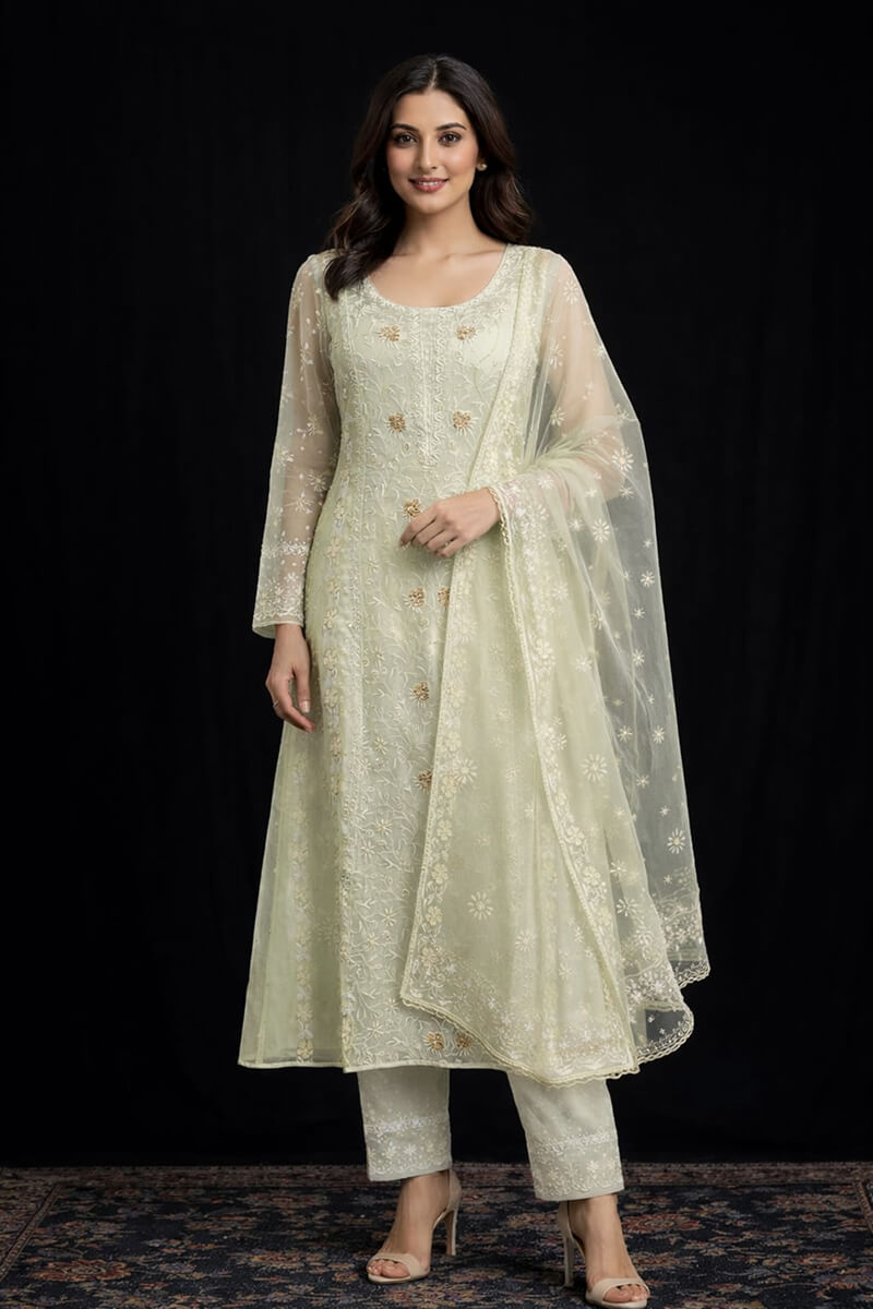 Pista Green Premium Organza Unstitched Chikankari Kurta & Dupatta with Golden Cutdana Work