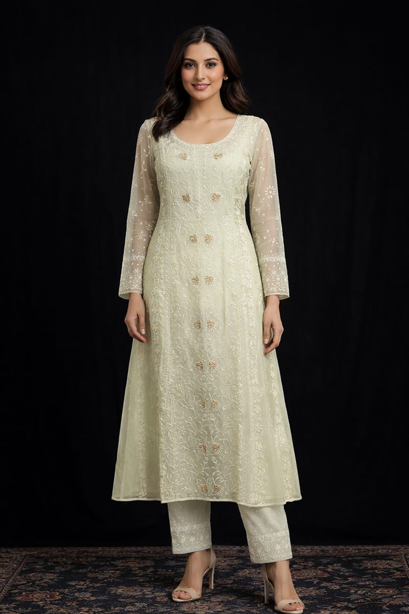 Pista Green Premium Organza Unstitched Chikankari Kurta & Dupatta with Golden Cutdana Work