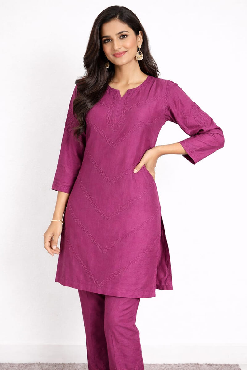 Wine Soft Cotton Chikankari Co-ord Set