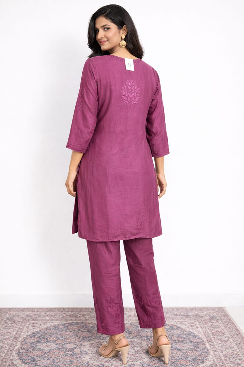 Wine Soft Cotton Chikankari Co-ord Set