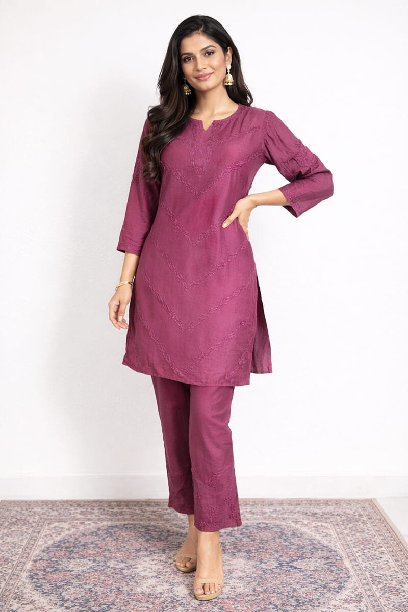 Wine Soft Cotton Chikankari Co-ord Set