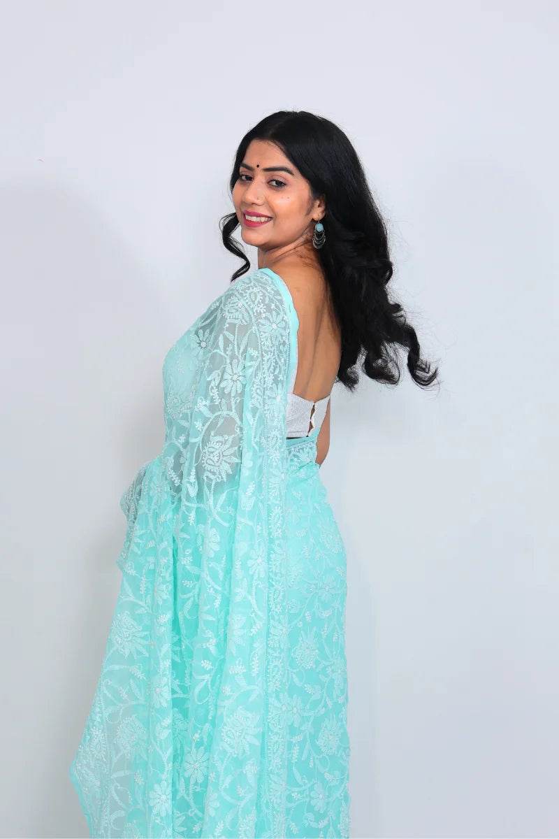 Aqua Blue Chikankari Saree with Elegant Floral Embroidery