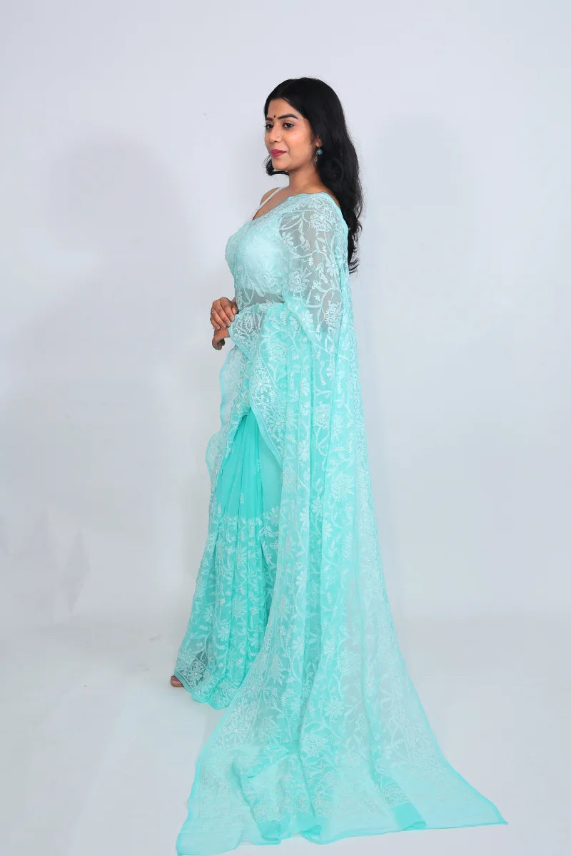 Aqua Blue Chikankari Saree with Elegant Floral Embroidery