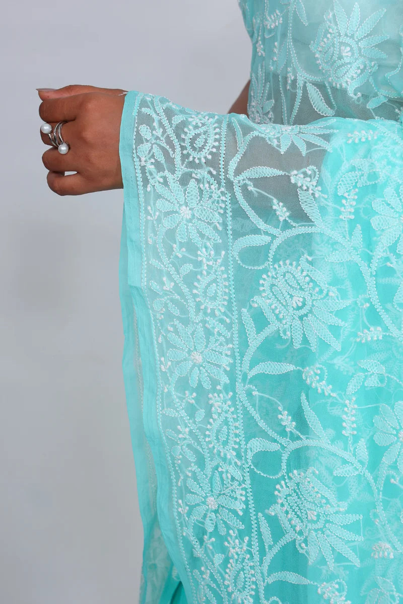 Aqua Blue Chikankari Saree with Elegant Floral Embroidery