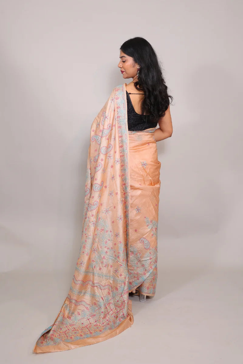 Light Beige Chanderi Saree with Elegant Chikankari Embroidery