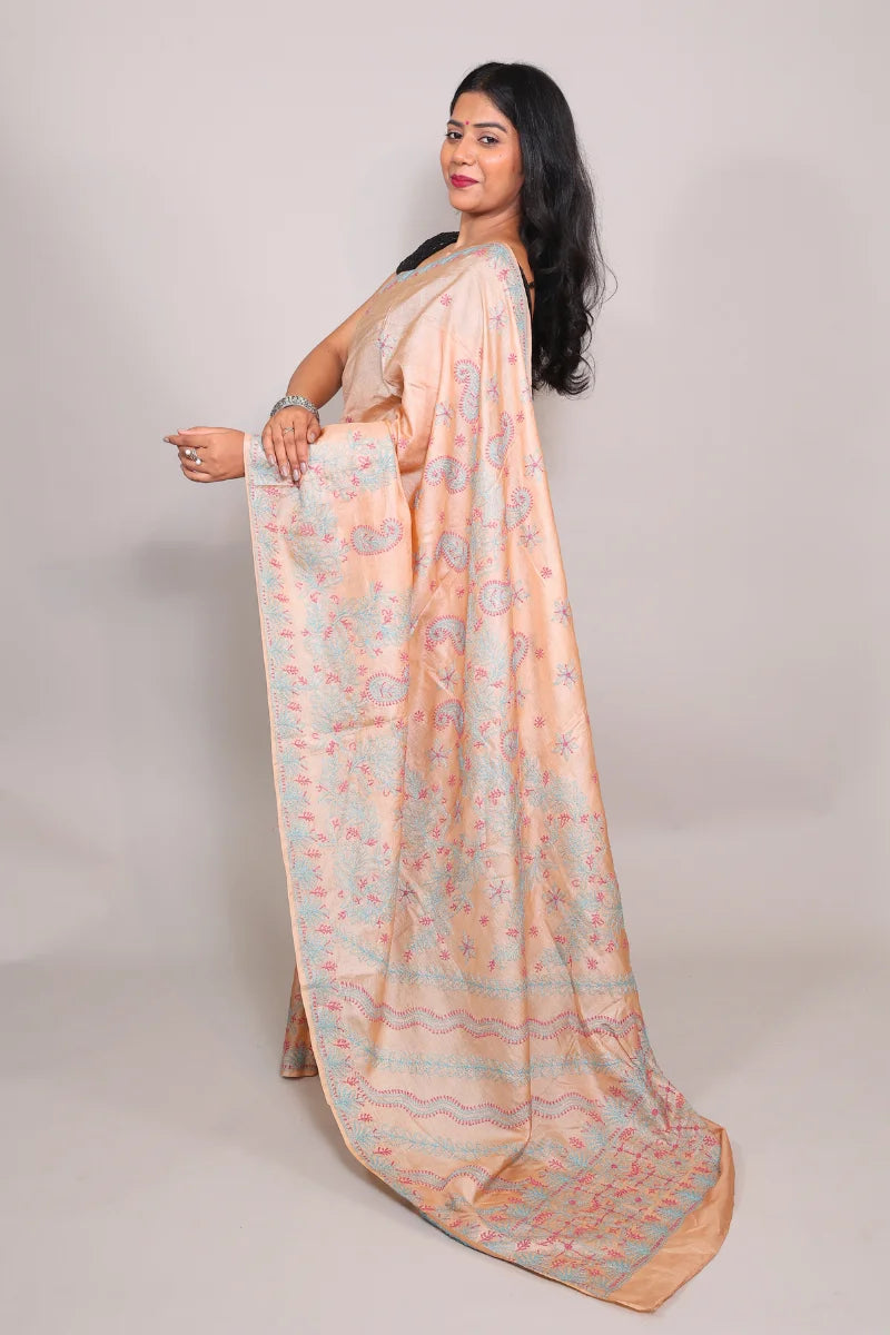 Light Beige Chanderi Saree with Elegant Chikankari Embroidery