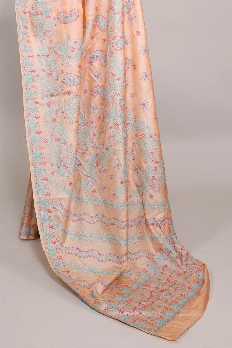 Light Beige Chanderi Saree with Elegant Chikankari Embroidery