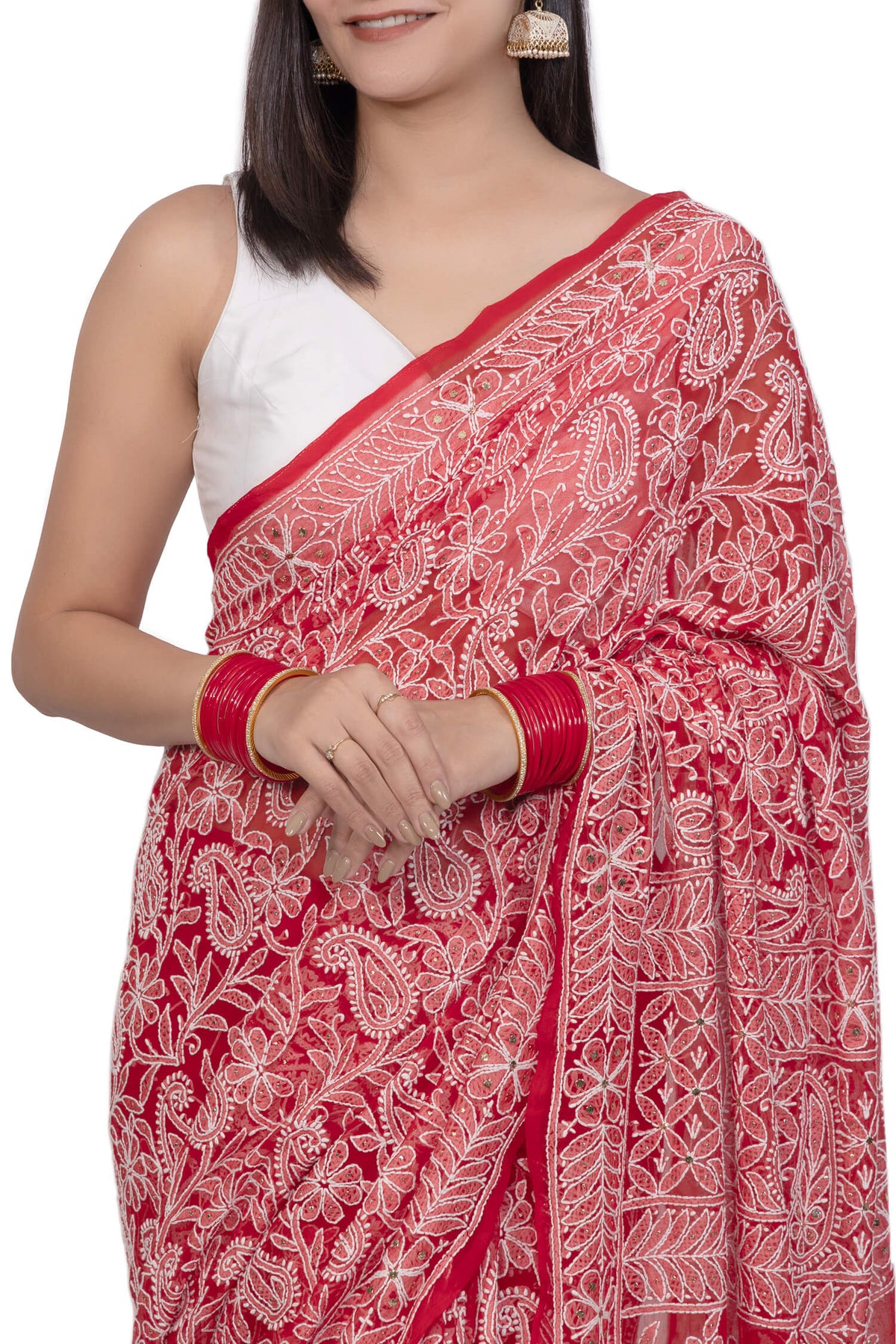 Red Georgette Chikankari Saree with Mukesh Work