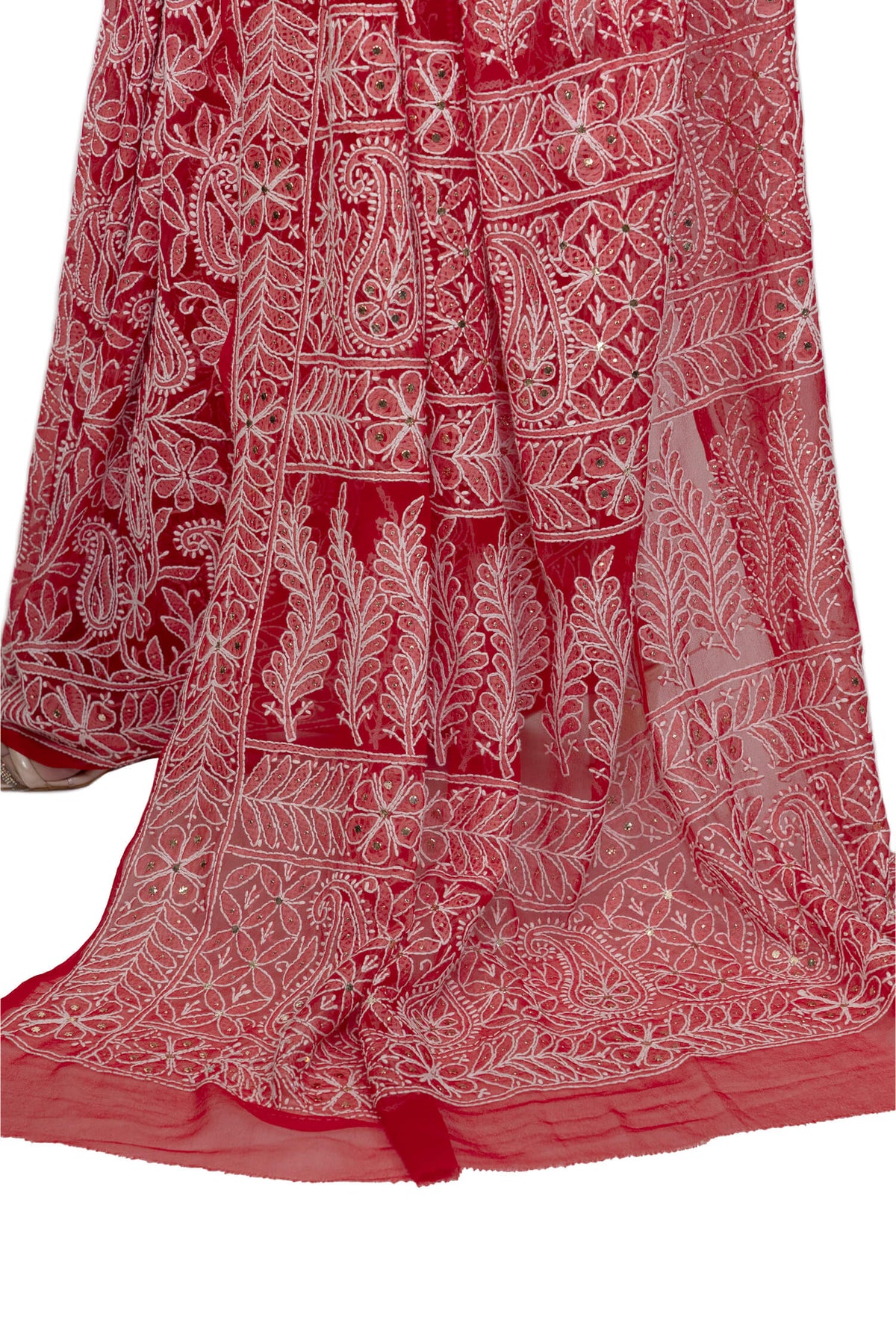 Red Georgette Chikankari Saree with Mukesh Work