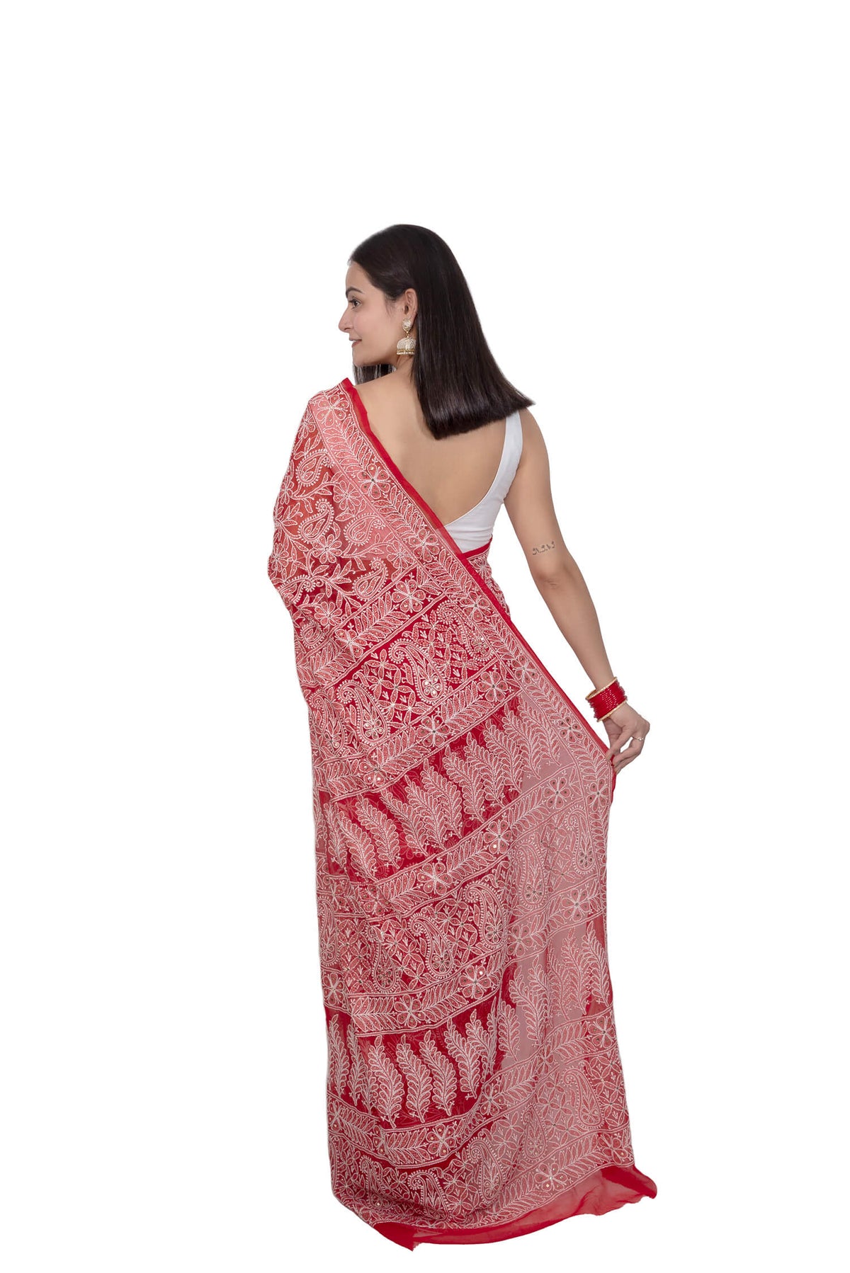 Red Georgette Chikankari Saree with Mukesh Work