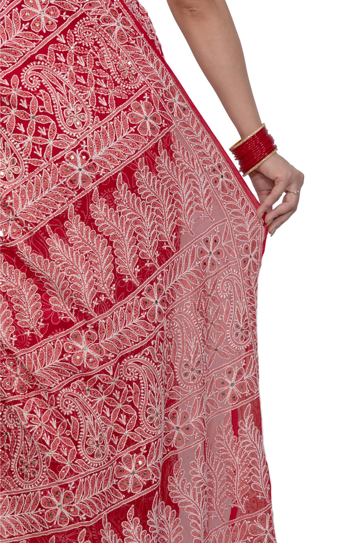 Red Georgette Chikankari Saree with Mukesh Work