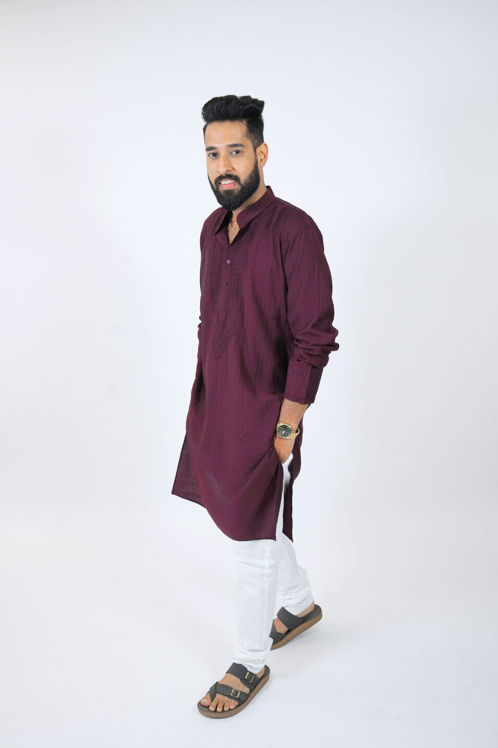 Wine Mul Cotton Chikankari Men Kurta
