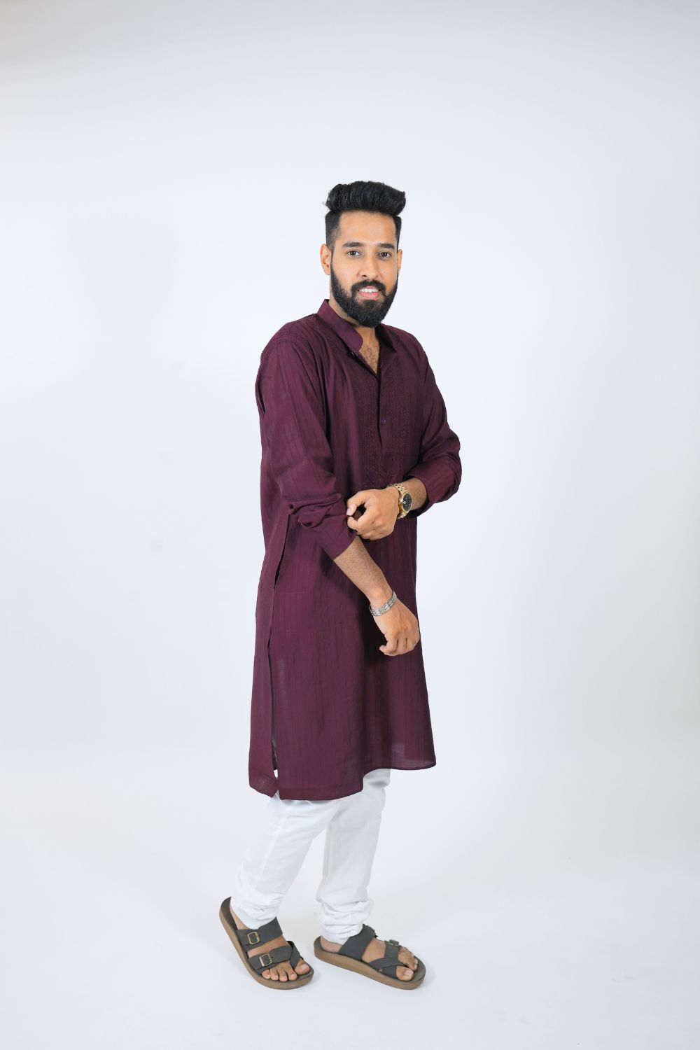 Wine Mul Cotton Chikankari Men Kurta