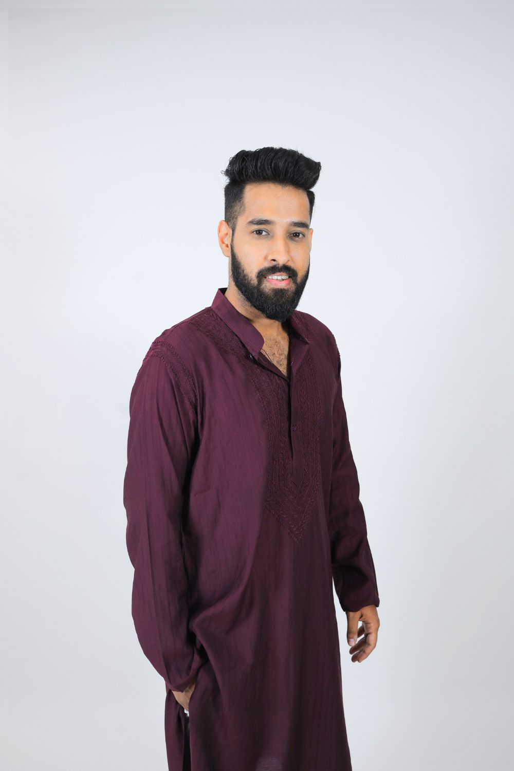 Wine Mul Cotton Chikankari Men Kurta