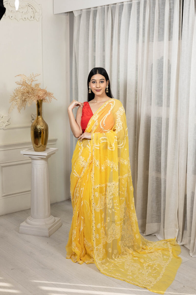 Yellow Georgette Saree with Mukesh Work & White Chikankari Embroidery