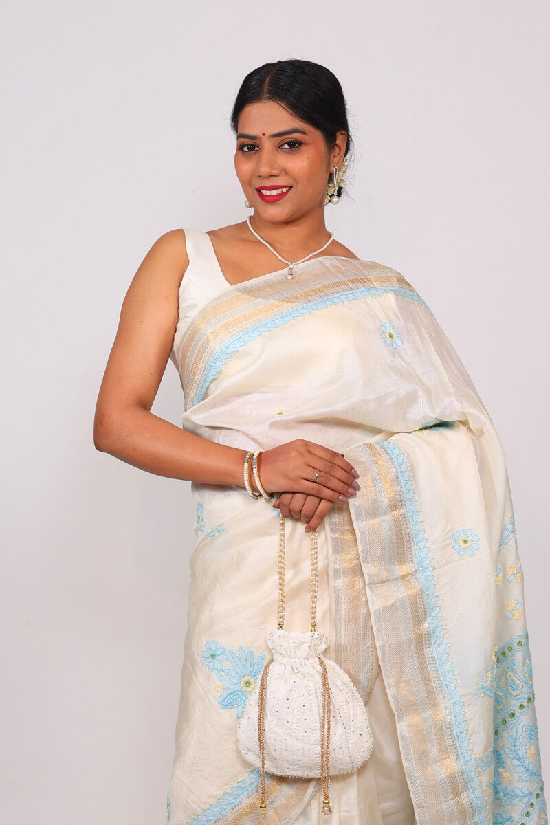 Ivory Chanderi Silk Saree with Blue Chikankari Embroidery
